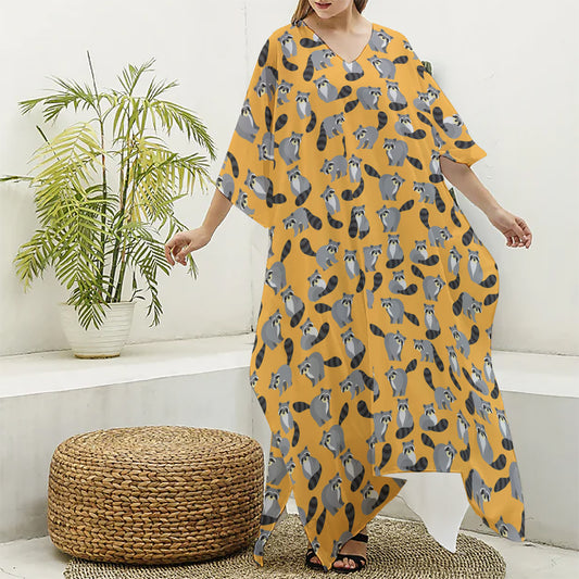 Cute Raccoon Pattern Print Silk V-Neck Kaftan Dress