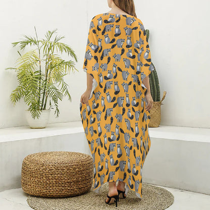 Cute Raccoon Pattern Print Silk V-Neck Kaftan Dress