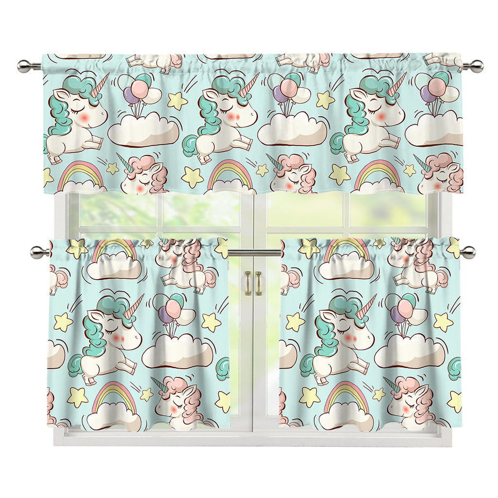 Cute Rainbow Unicorn Pattern Print 3 Piece Kitchen Curtains