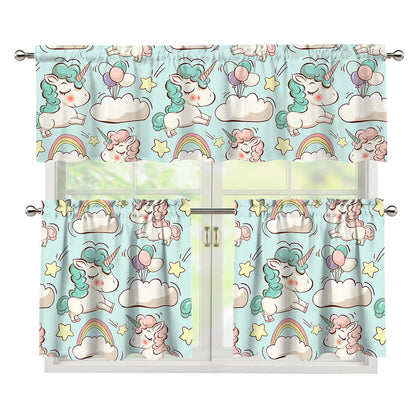Cute Rainbow Unicorn Pattern Print 3 Piece Kitchen Curtains