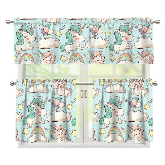 Cute Rainbow Unicorn Pattern Print 3 Piece Kitchen Curtains