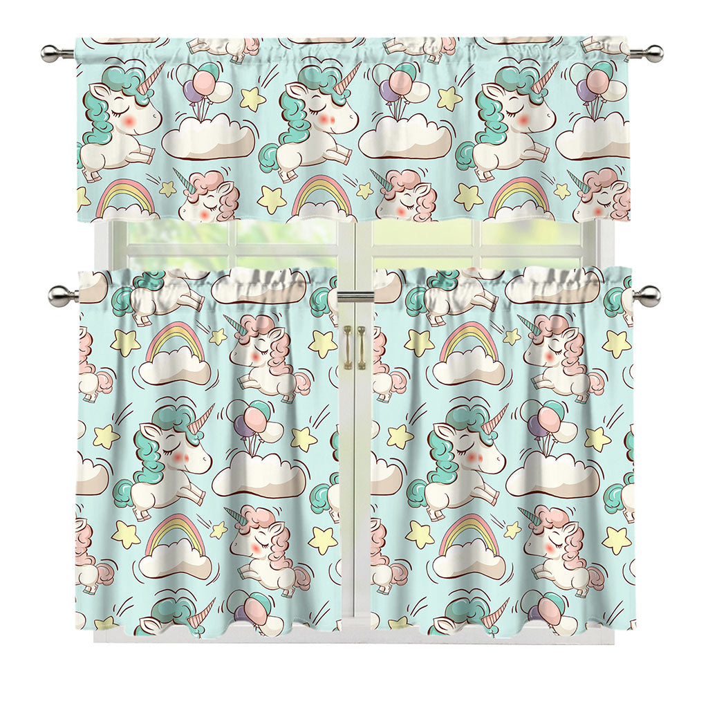 Cute Rainbow Unicorn Pattern Print 3 Piece Kitchen Curtains