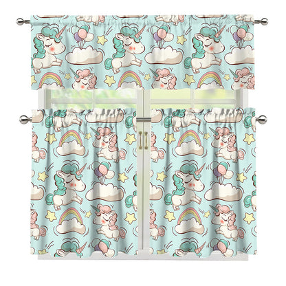 Cute Rainbow Unicorn Pattern Print 3 Piece Kitchen Curtains