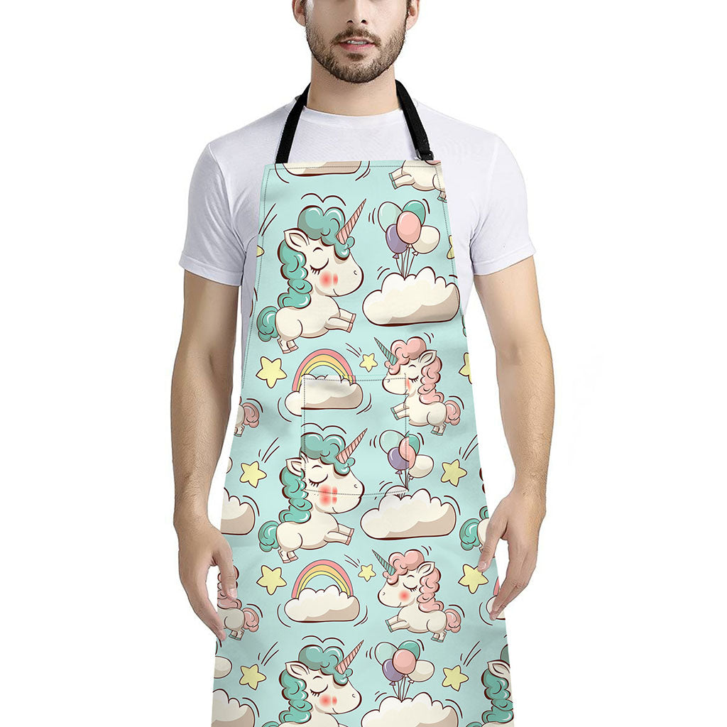 Cute Rainbow Unicorn Pattern Print Bib Apron With Pocket