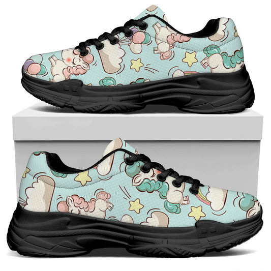 Cute Rainbow Unicorn Pattern Print Black Chunky Shoes