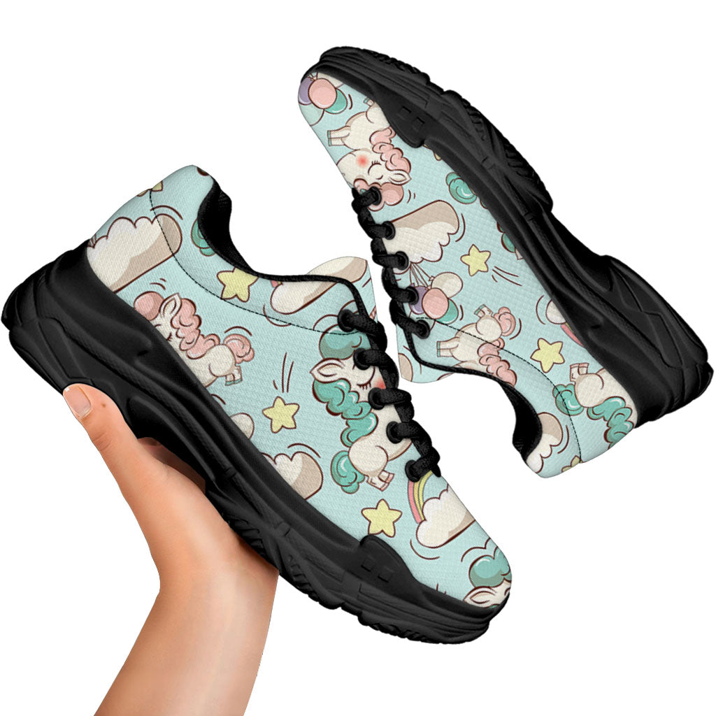 Cute Rainbow Unicorn Pattern Print Black Chunky Shoes