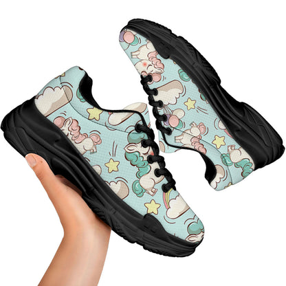Cute Rainbow Unicorn Pattern Print Black Chunky Shoes