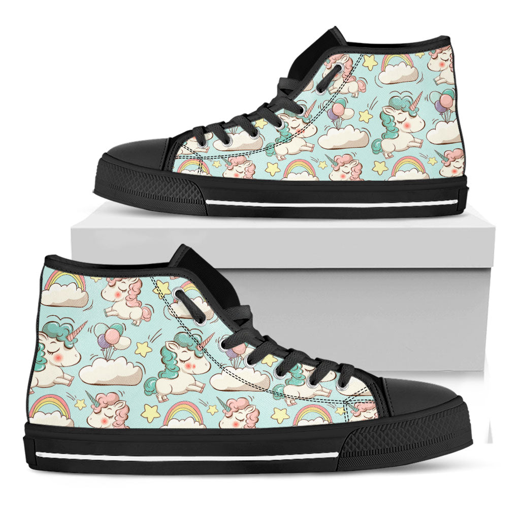Cute Rainbow Unicorn Pattern Print Black High Top Sneakers