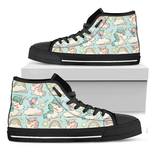 Cute Rainbow Unicorn Pattern Print Black High Top Sneakers