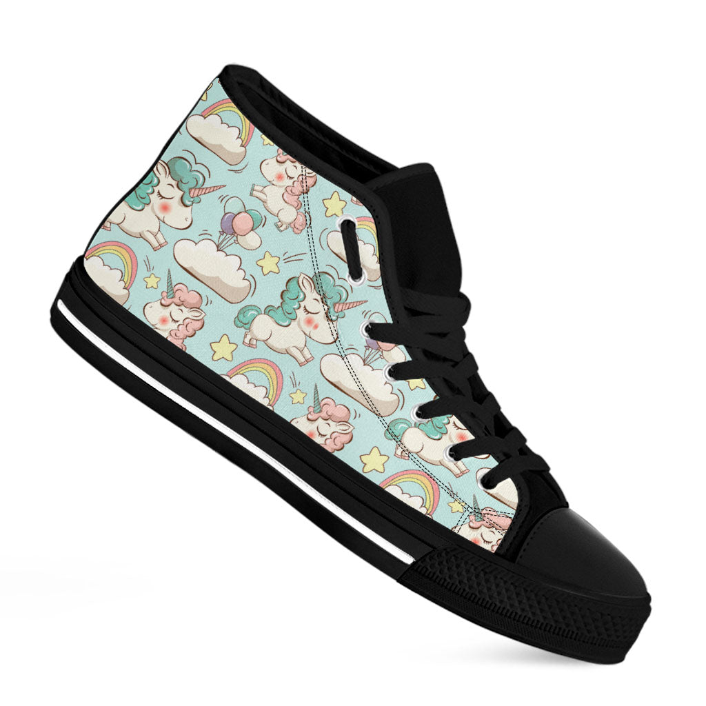 Cute Rainbow Unicorn Pattern Print Black High Top Sneakers