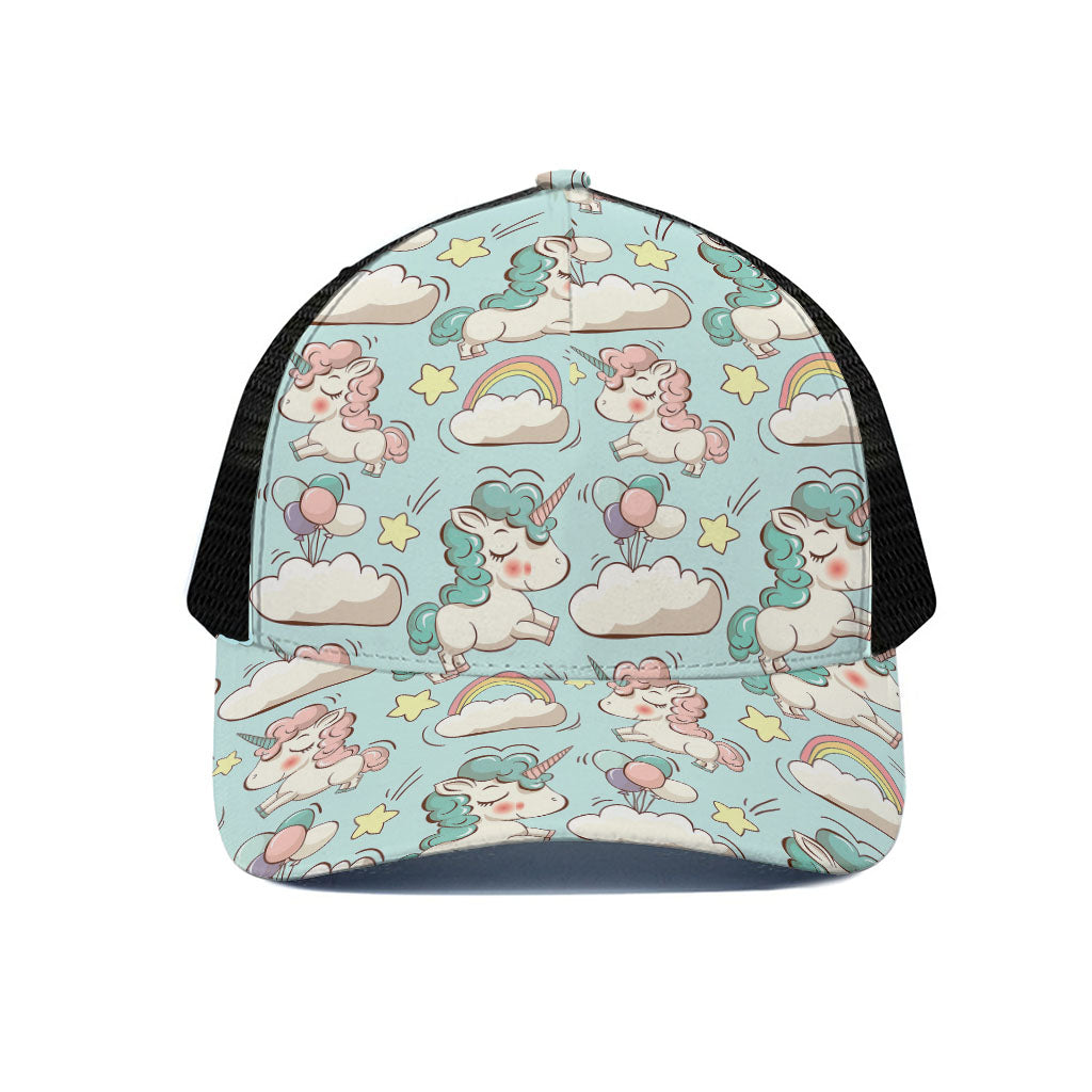 Cute Rainbow Unicorn Pattern Print Black Mesh Trucker Cap