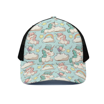 Cute Rainbow Unicorn Pattern Print Black Mesh Trucker Cap