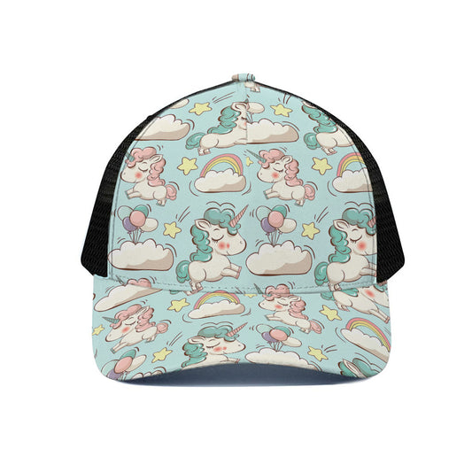 Cute Rainbow Unicorn Pattern Print Black Mesh Trucker Cap