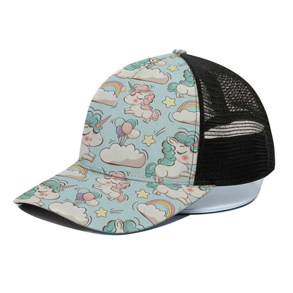 Cute Rainbow Unicorn Pattern Print Black Mesh Trucker Cap