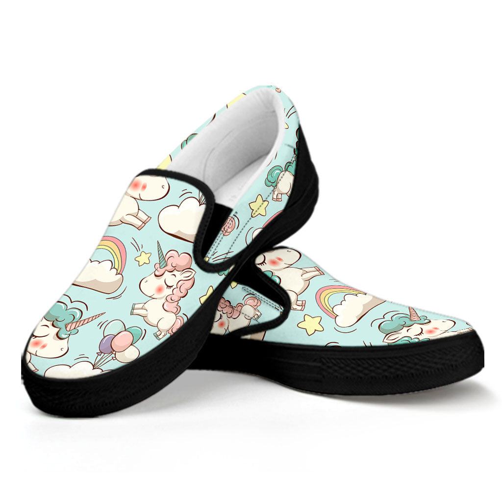 Cute Rainbow Unicorn Pattern Print Black Slip On Sneakers