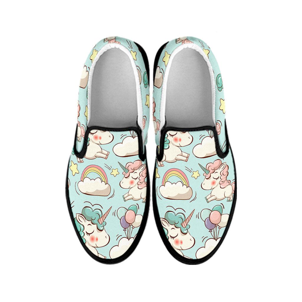 Cute Rainbow Unicorn Pattern Print Black Slip On Sneakers