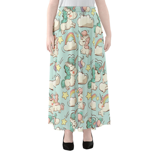 Cute Rainbow Unicorn Pattern Print Chiffon Maxi Skirt