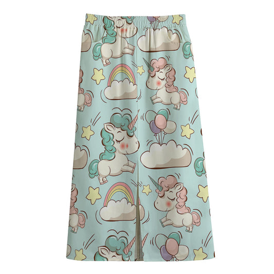 Cute Rainbow Unicorn Pattern Print Cotton Front Slit Maxi Skirt