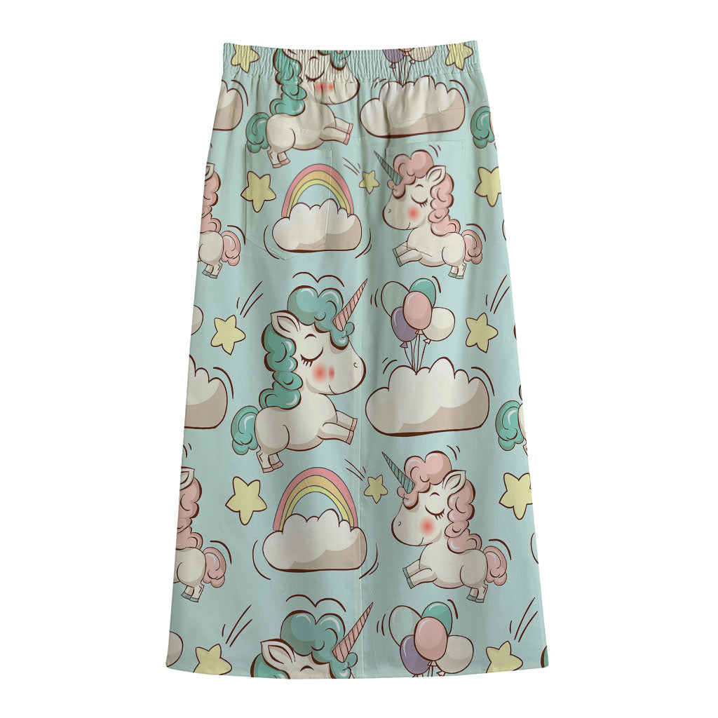 Cute Rainbow Unicorn Pattern Print Cotton Front Slit Maxi Skirt