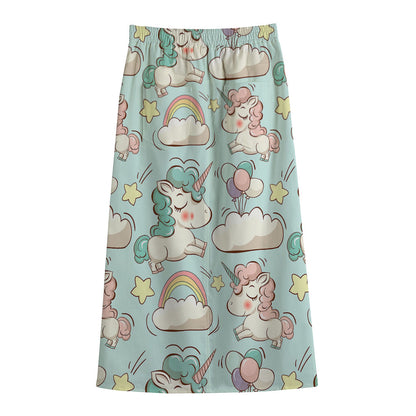 Cute Rainbow Unicorn Pattern Print Cotton Front Slit Maxi Skirt