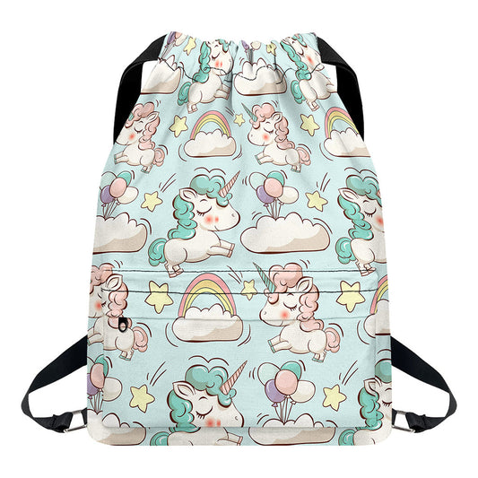 Cute Rainbow Unicorn Pattern Print Drawstring Backpack