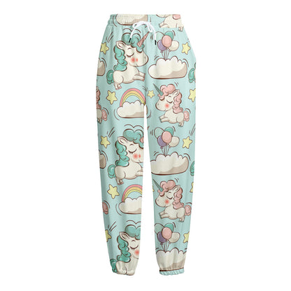 Cute Rainbow Unicorn Pattern Print Fleece Lined Knit Pants
