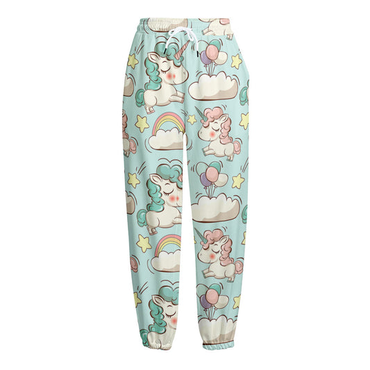 Cute Rainbow Unicorn Pattern Print Fleece Lined Knit Pants