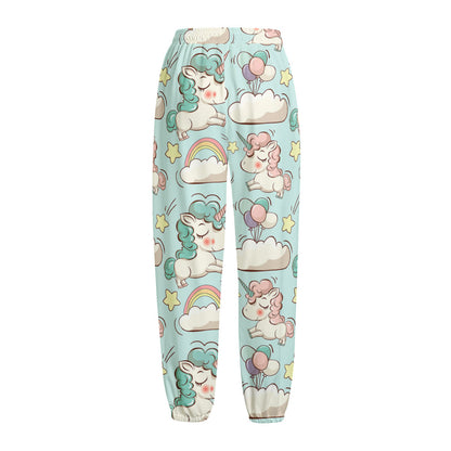 Cute Rainbow Unicorn Pattern Print Fleece Lined Knit Pants