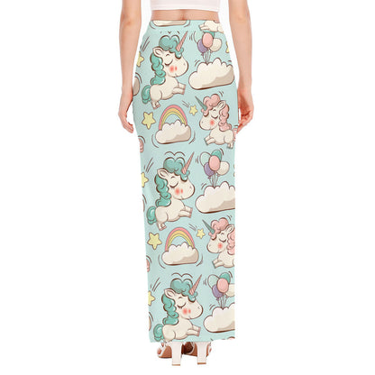Cute Rainbow Unicorn Pattern Print High Slit Maxi Skirt
