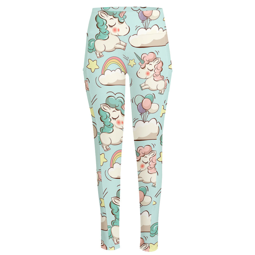 Cute Rainbow Unicorn Pattern Print High-Waisted Pocket Leggings