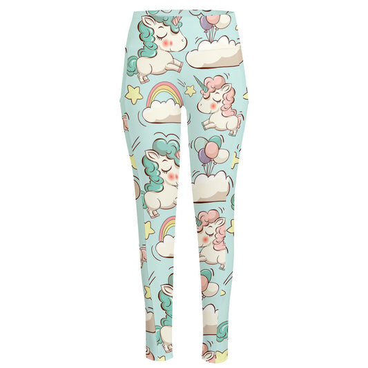 Cute Rainbow Unicorn Pattern Print High-Waisted Pocket Leggings