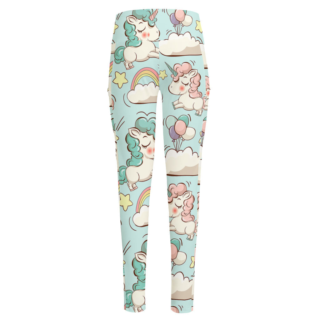 Cute Rainbow Unicorn Pattern Print High-Waisted Pocket Leggings