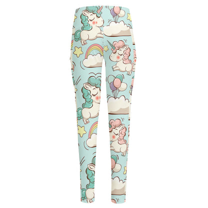 Cute Rainbow Unicorn Pattern Print High-Waisted Pocket Leggings