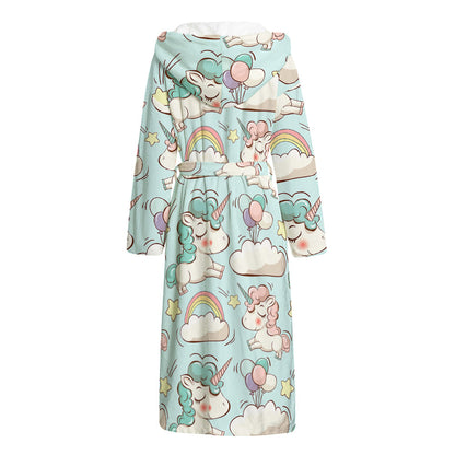 Cute Rainbow Unicorn Pattern Print Hooded Bathrobe