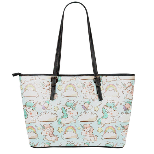 Cute Rainbow Unicorn Pattern Print Leather Tote Bag