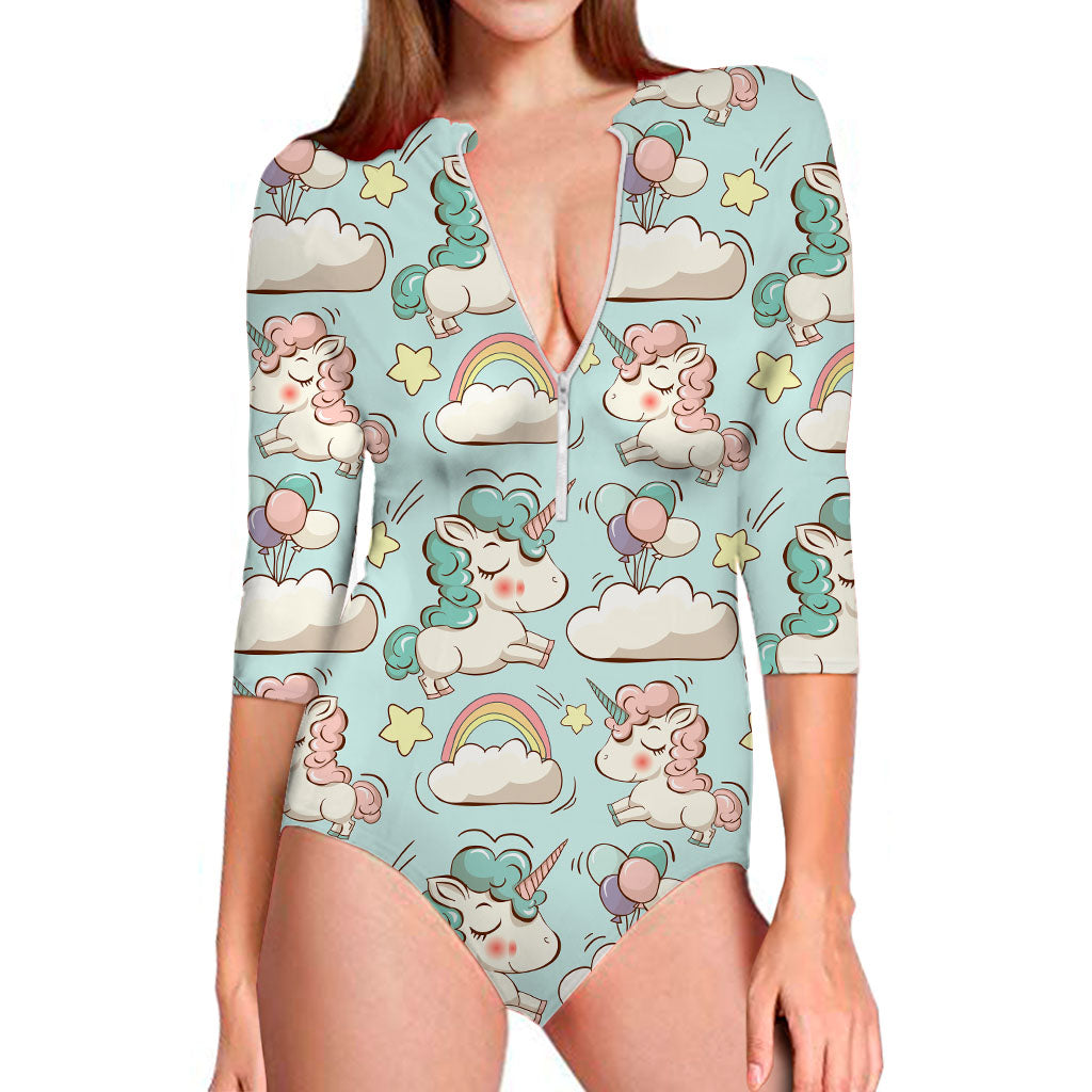 Cute Rainbow Unicorn Pattern Print Long Sleeve Swimsuit