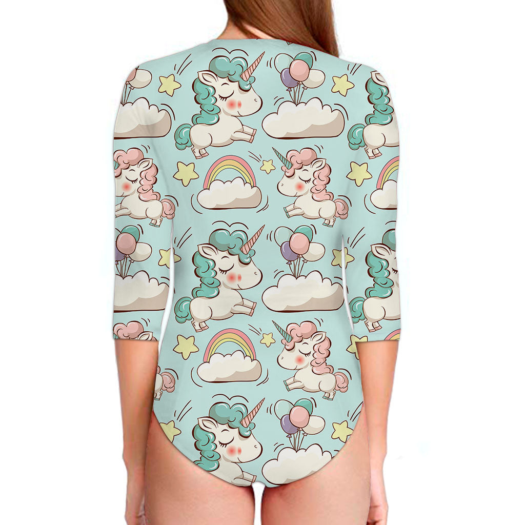 Cute Rainbow Unicorn Pattern Print Long Sleeve Swimsuit