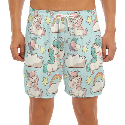Cute Rainbow Unicorn Pattern Print Men's Split Running Shorts