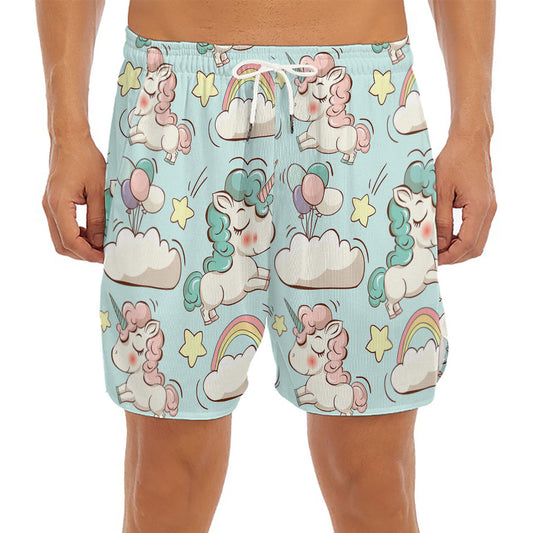 Cute Rainbow Unicorn Pattern Print Men's Split Running Shorts