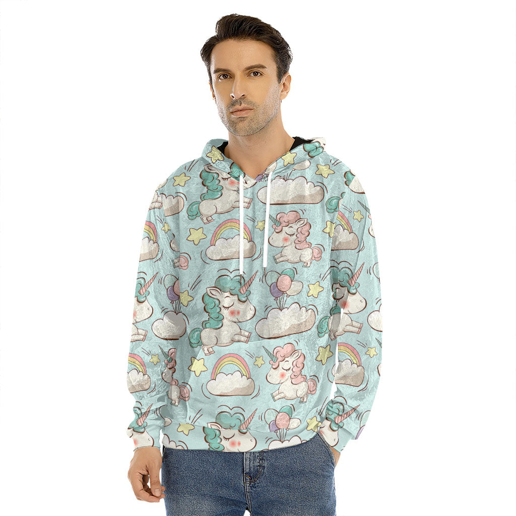 Cute Rainbow Unicorn Pattern Print Men's Velvet Pullover Hoodie