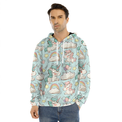 Cute Rainbow Unicorn Pattern Print Men's Velvet Pullover Hoodie