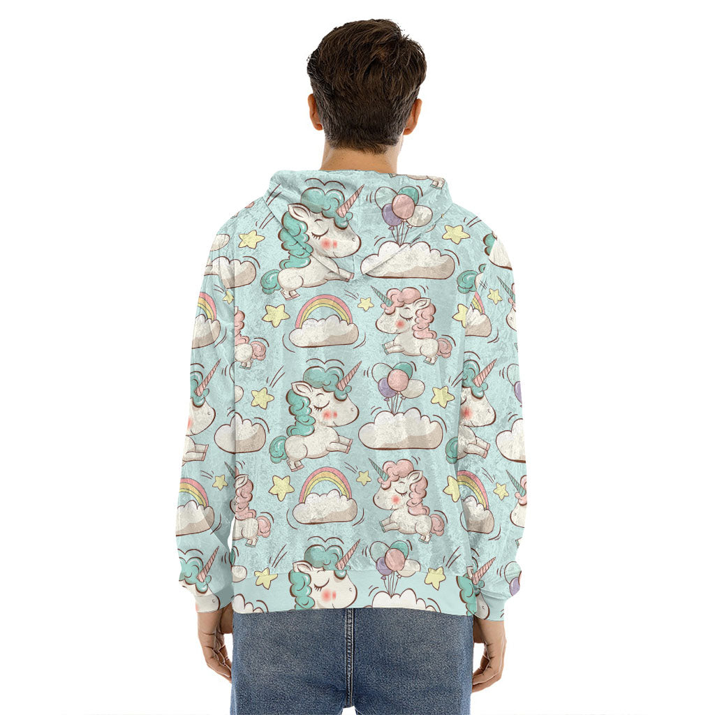 Cute Rainbow Unicorn Pattern Print Men's Velvet Pullover Hoodie