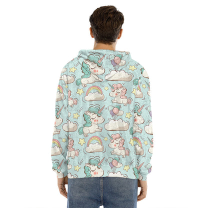 Cute Rainbow Unicorn Pattern Print Men's Velvet Pullover Hoodie
