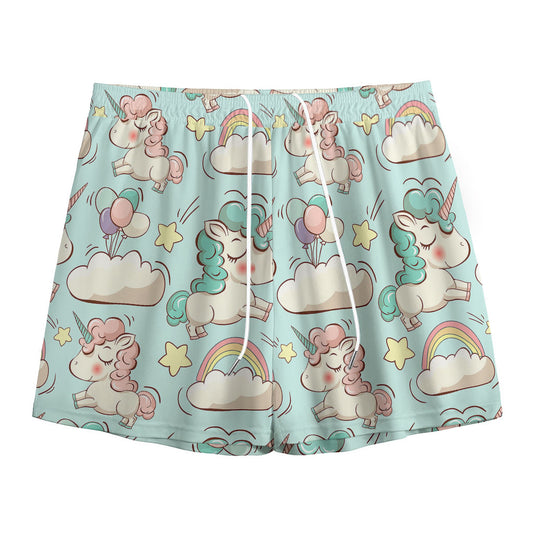 Cute Rainbow Unicorn Pattern Print Mesh Shorts