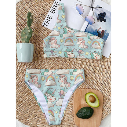 Cute Rainbow Unicorn Pattern Print One Shoulder Bikini Top