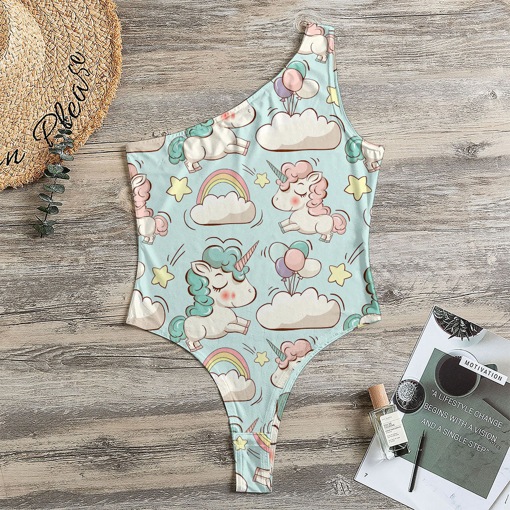 Cute Rainbow Unicorn Pattern Print One Shoulder Bodysuit