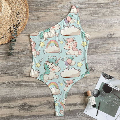 Cute Rainbow Unicorn Pattern Print One Shoulder Bodysuit