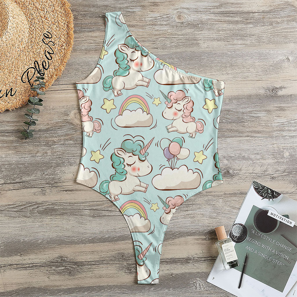 Cute Rainbow Unicorn Pattern Print One Shoulder Bodysuit