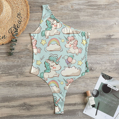 Cute Rainbow Unicorn Pattern Print One Shoulder Bodysuit