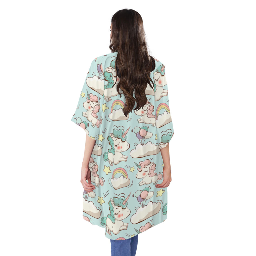 Cute Rainbow Unicorn Pattern Print Open Front Beach Cover Up